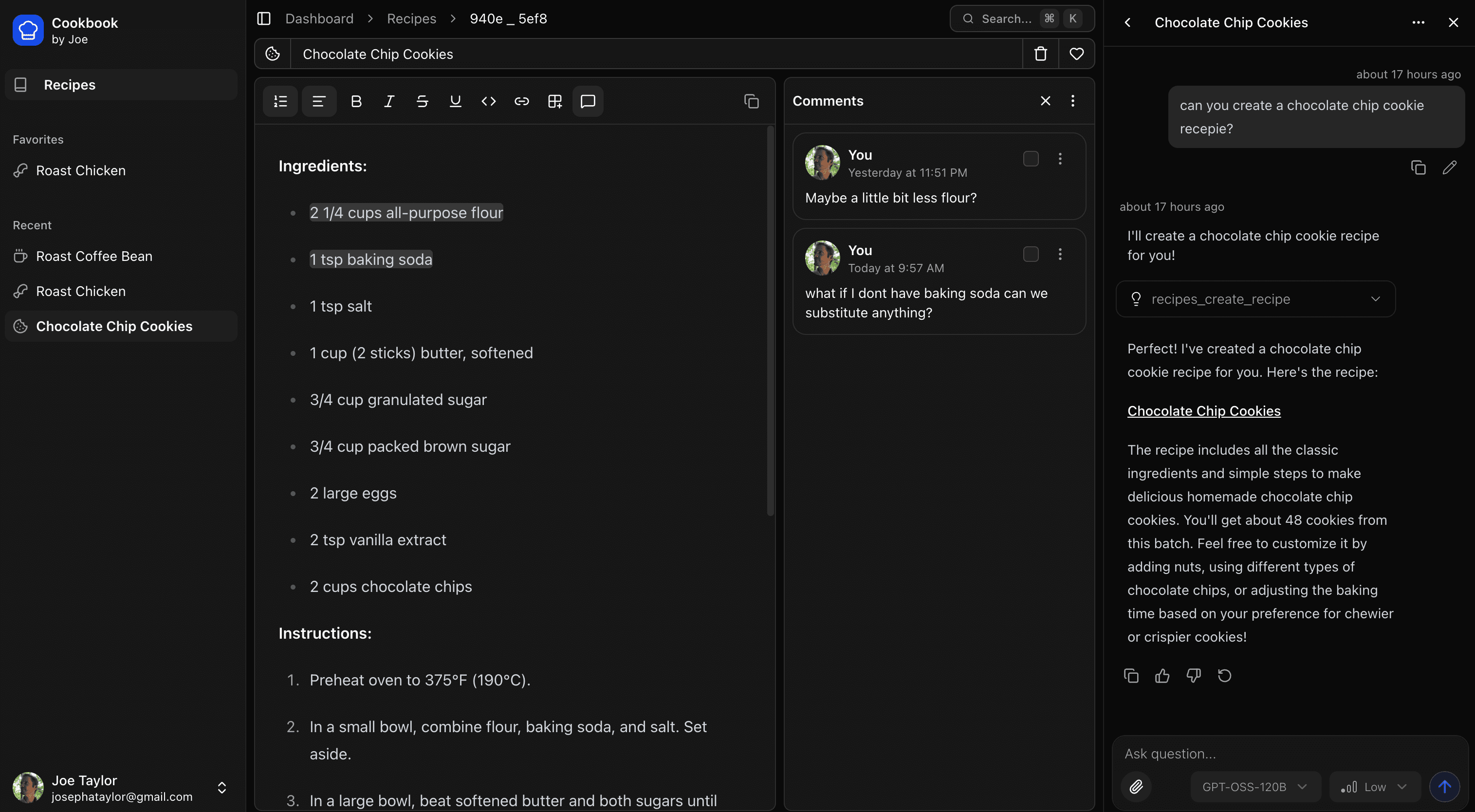 Screenshot of the Cookbook app showing a recipe with ingredients, instructions, and AI chat